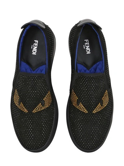 Fendi Monster Swarovski Suede Slip-on Sneakers, Black/yellow
