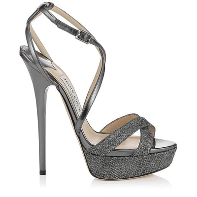 JIMMY CHOO LIDDIE 145 Anthracite Lamé Glitter and Mirror Leather Platform Sandals