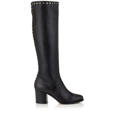 JIMMY CHOO MONROE 65 BLACK SMOOTH LEATHER KNEE HIGH BOOTS WITH STUDS TRIM