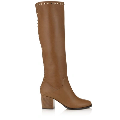 JIMMY CHOO MONROE 65 Khaki Brown Smooth Leather Knee High Boots with Studs Trim