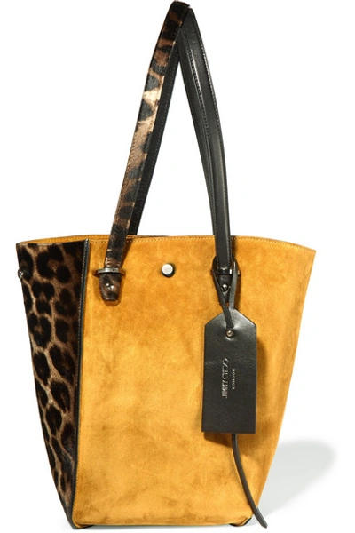JIMMY CHOO Twist leather-trimmed suede and leopard-print calf hair tote