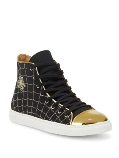 CHARLOTTE OLYMPIA Metallic Web-Embroidered Leather & Canvas Sneakers