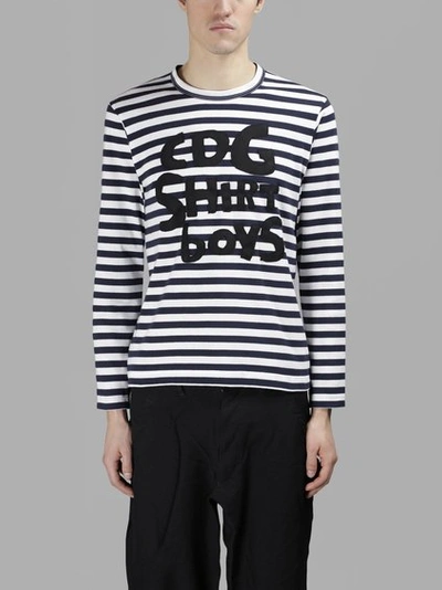 COMME DES GARÇONS SHIRT COMME DES GARCONS SHIRT BOYS MEN'S BLUE AND WHITE STRIPED LOGO T-SHIRT